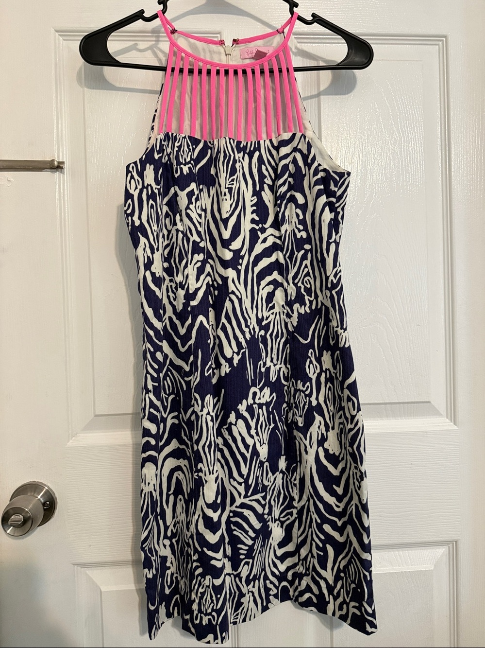 Lilly Pulitzer Navy and White Zebra-Print Dress with Hot Pink Strappy Yoke